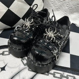 Cracked Black Spider Design Multiple Straps Chain-Decorated Gothic Punk Platform Shoes - Black - 1