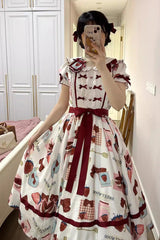 Multi-Color Strawberry Bowknot Print Short Sleeves Long Version Sweet Lolita Dress - Product - 2
