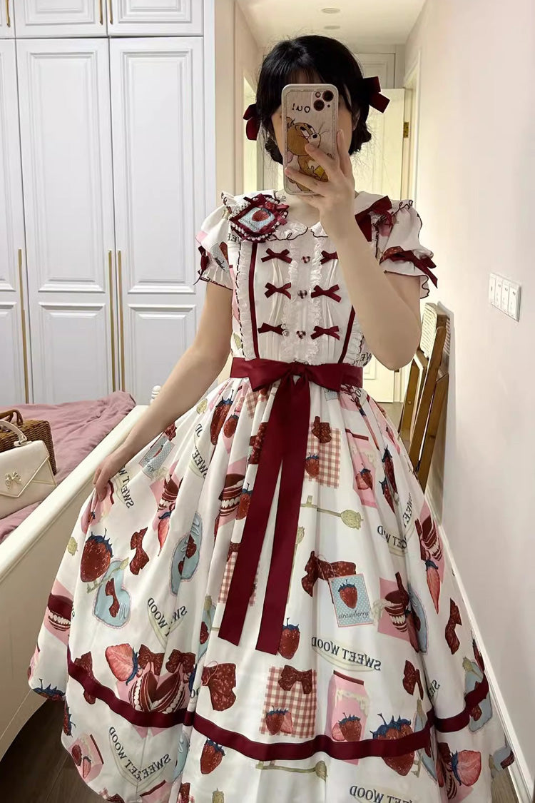 Multi-Color Strawberry Bowknot Print Short Sleeves Long Version Sweet Lolita Dress - Product - 2