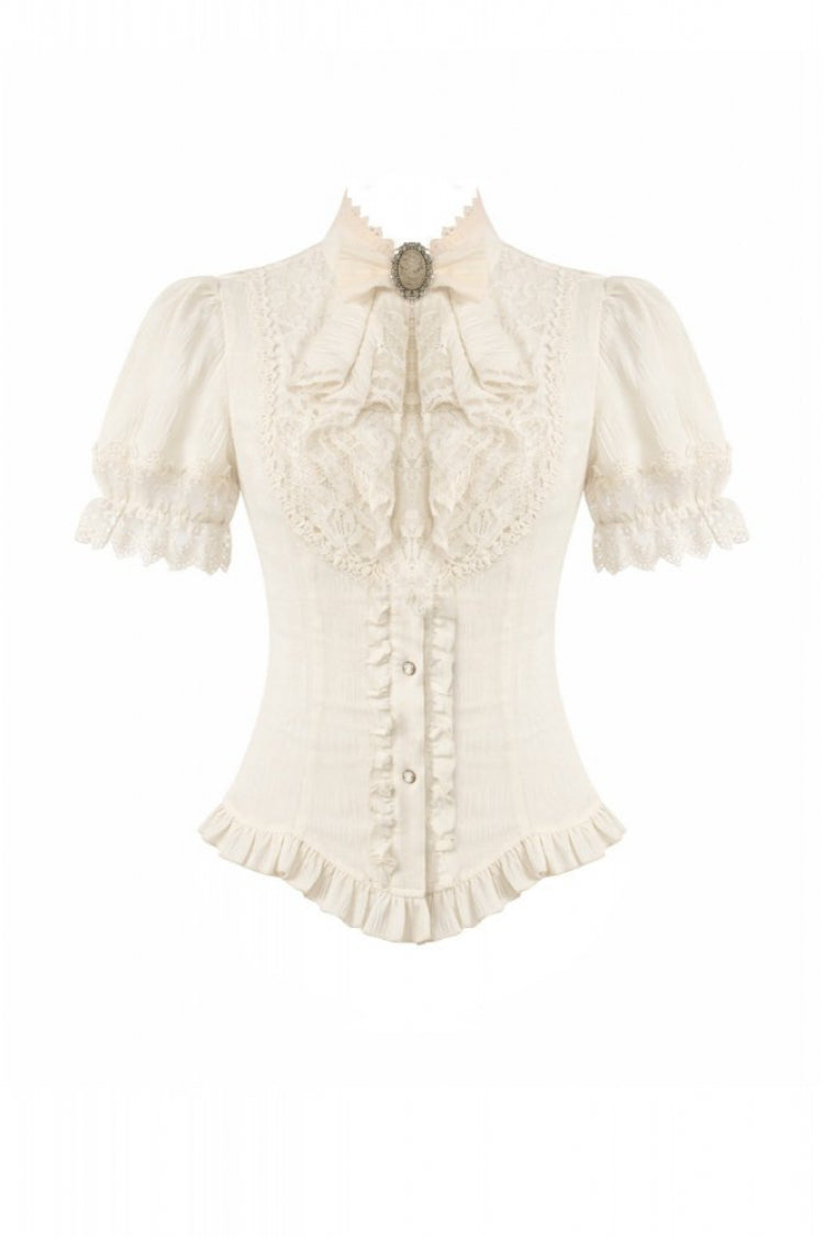 Beige Stand Collar Short Puff Sleeves Lace Sheer Lace-Up Women's Gothic Blouse with Detachable Bowknot - Product - 3