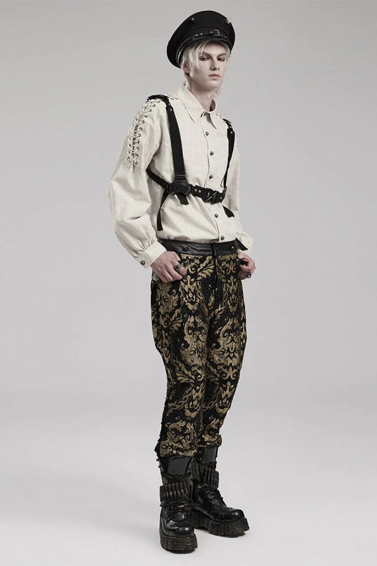 Men's Long Puff Sleeves Shoulder Straps Embroidery Mens Gothic Blouse 2 Colors - Product - 5