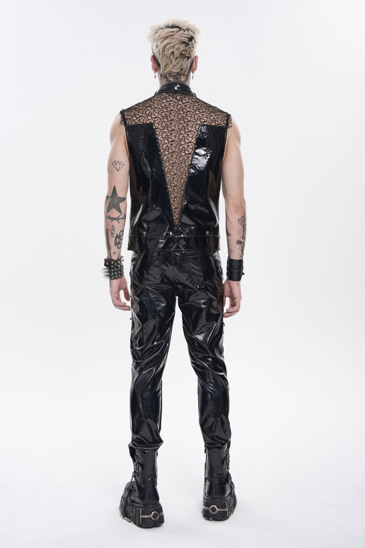 Black Spliced Mesh Studded Buckled Zippered Chain-Decorated Eyelet Men's Punk Cool Vest - Product - 7