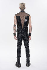 Black Spliced Mesh Studded Buckled Zippered Chain-Decorated Eyelet Men's Punk Cool Vest - Product - 7