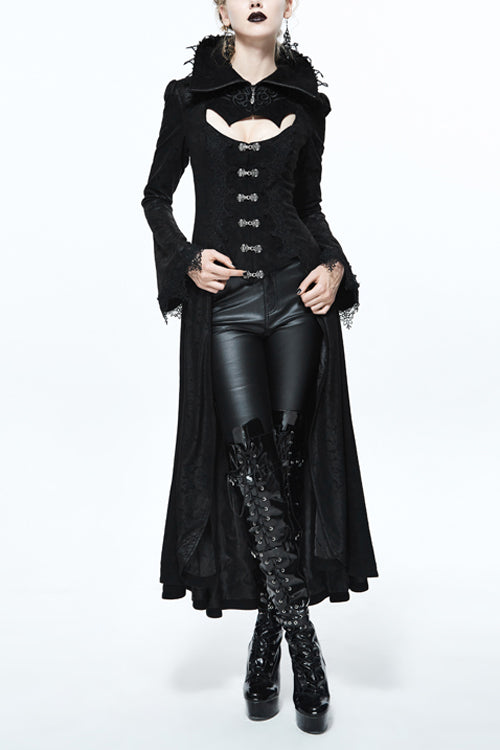 Black Floral Pattern Embroidered Womens Gothic Coat - Black - 1