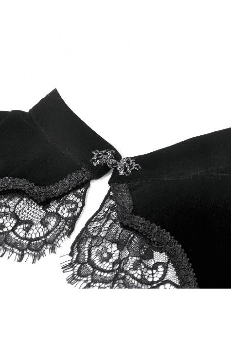 Black Keyhole Mandarin Collar Long Flare Sleeves Velvet Splice Lace Women's Gothic Shrug - Product - 13