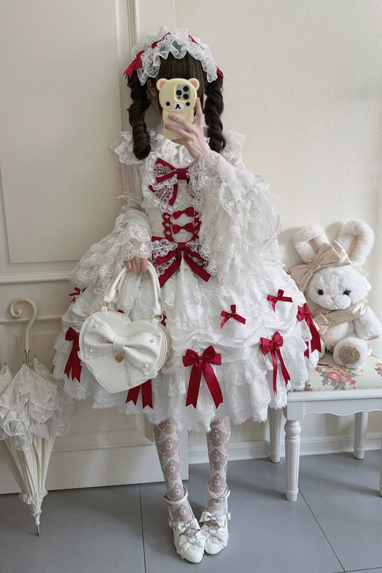 White/Red [Silk Satin Gift Box] Square Collar Sleeveless Multi-Layered Ruffled Bow Lace Sweet Lolita Jsk Dress - Product - 7
