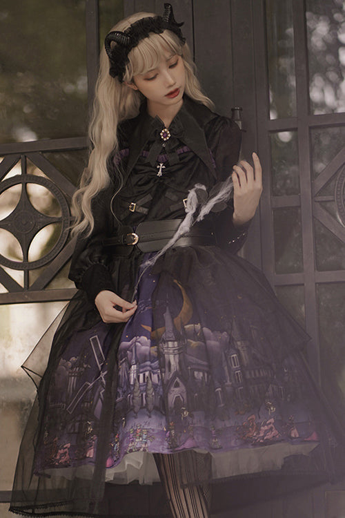 Black Witch Town Print With Veil Gothic Lolita JSK Dress - Product - 3