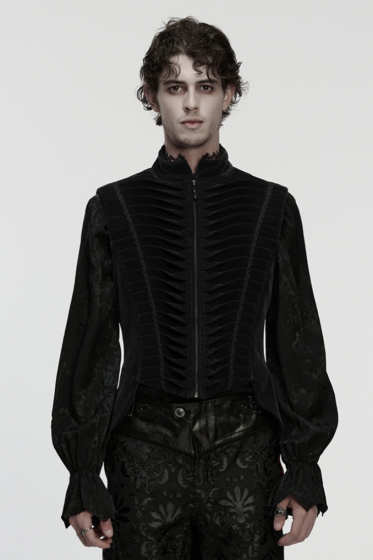 Black Stand Collar Pleated Swallow-tailed Men's Gothic Vest - Black - 1