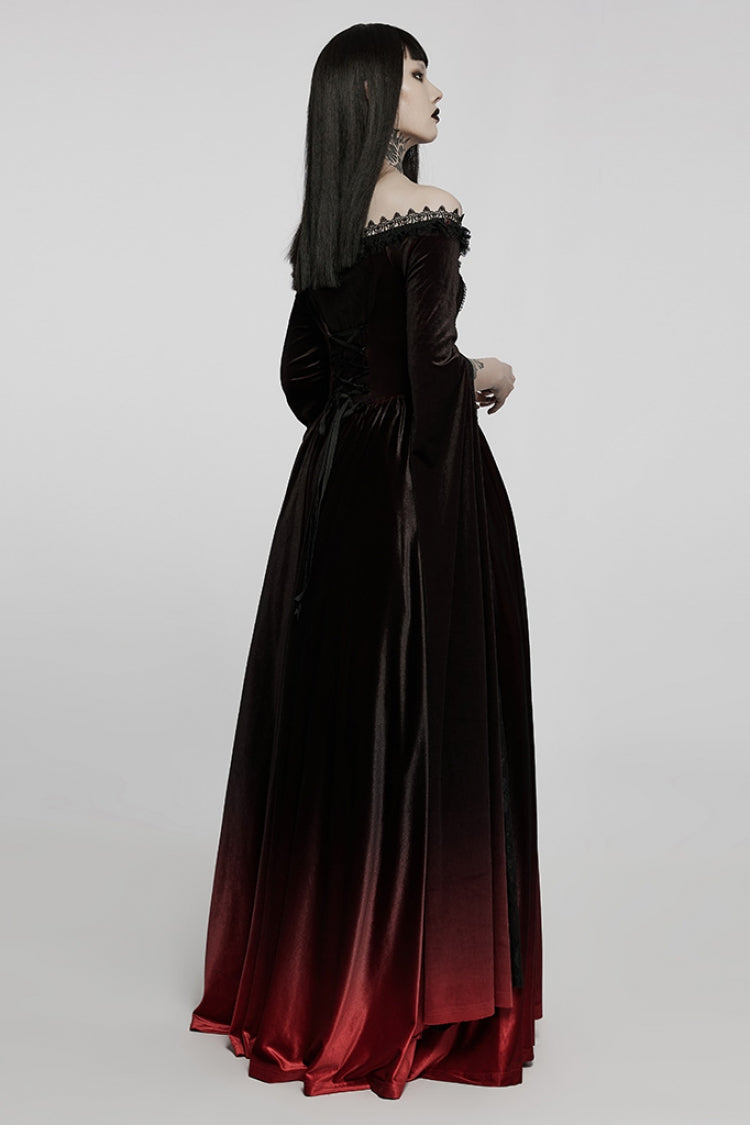 Black/Red Off Shoulder Long Trumpet Sleeves Gradient Lace Women's Gothic Dress - Product - 3