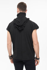 Black Skull Print Super High Neck Masked Rivet Hole Hooded Short Sleeve Men's Punk T-Shirt - Product - 3