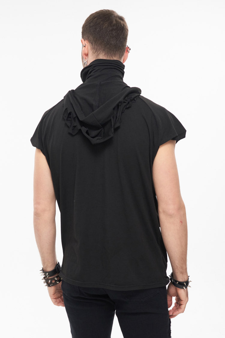 Black Skull Print Super High Neck Masked Rivet Hole Hooded Short Sleeve Men's Punk T-Shirt - Product - 3