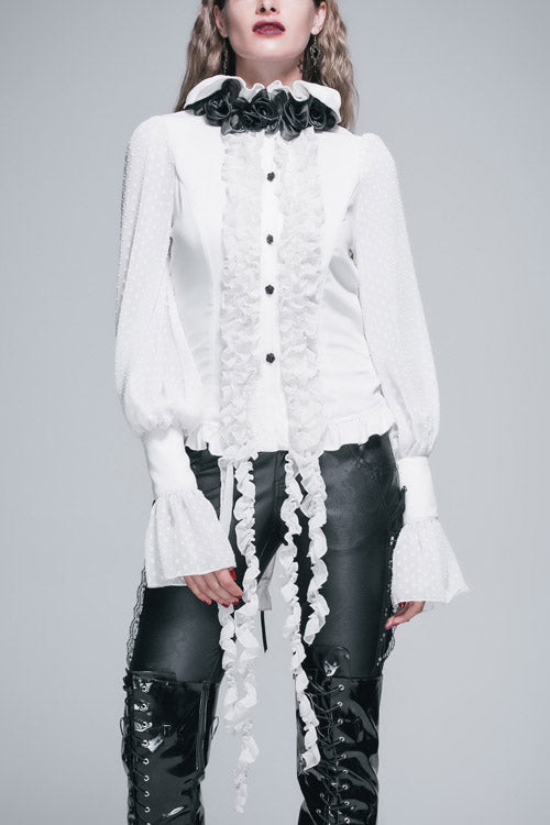 White Lace Up Chiffon Ruffled Dovetail Womens Gothic Blouse - White - 1