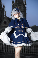 Blue [Eternal Crown] Stand Collar Long Lantern Sleeves Ruffled Color-Blocked Faux Two-Piece Classic Royal Lolita Dress 2 Versions - Product - 16