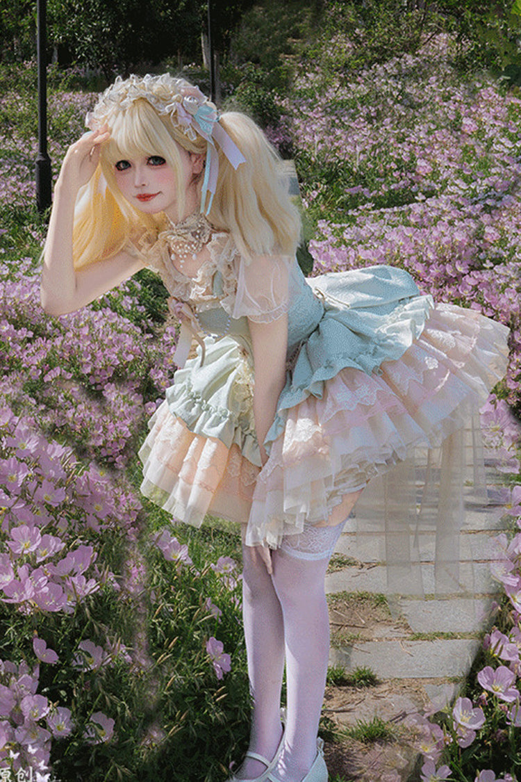 Green Sleeveless Multi-Layered Ruffle Bowknot Lace Lace-Up Sweet Princess Lolita Jsk Dress - Product - 6