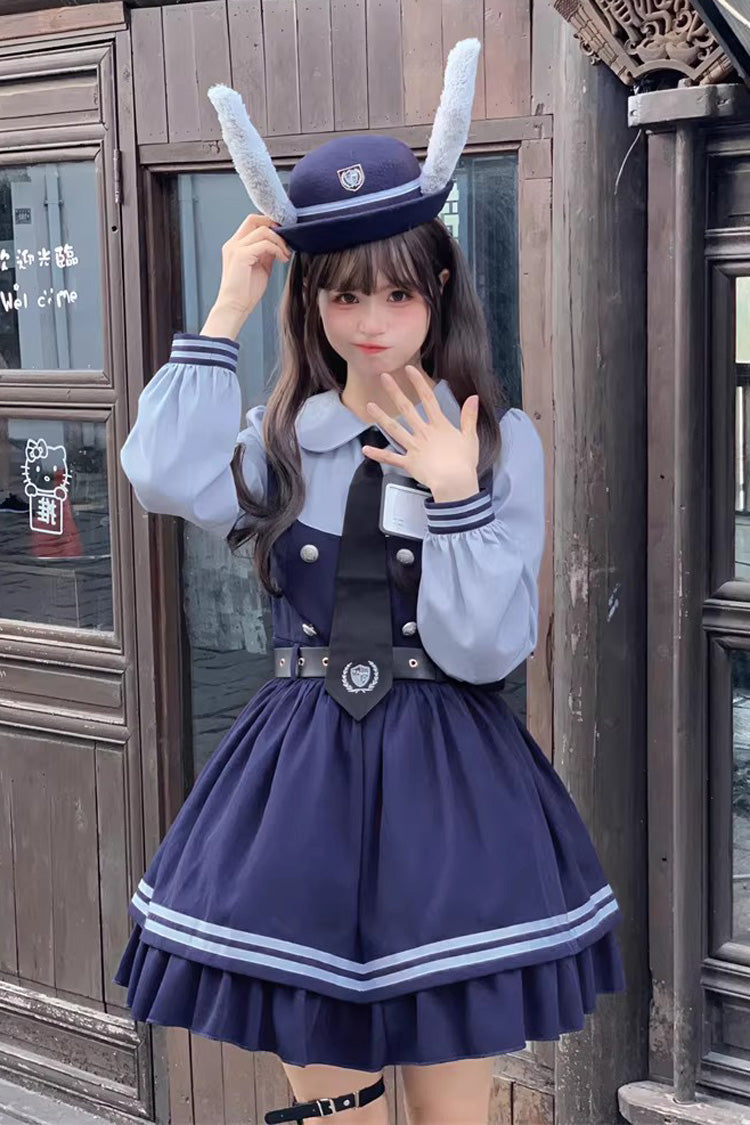 Blue [Rabbit Officer] Long Sleeves Printed Ruffled Faux Two-Piece College Style Sweet Lolita Dress - Product - 11