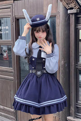 Blue [Rabbit Officer] Long Sleeves Printed Ruffled Faux Two-Piece College Style Sweet Lolita Dress - Product - 11