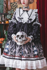 Black Rabbit'S Requiem Round Collar Long Sleeves College Style Gothic Lolita OP Dress - Black - 1