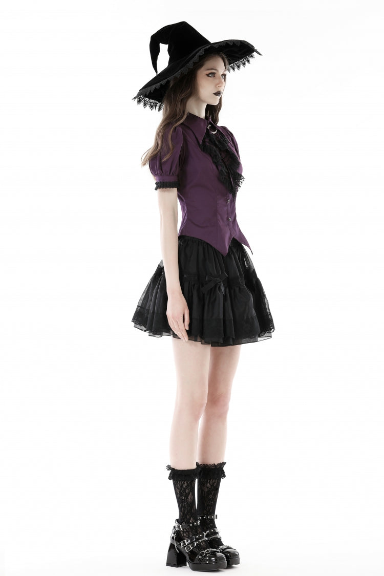Purple Moon Frilly Collar Short Puff Sleeves Women's Gothic Blouse - Product - 2