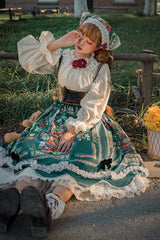 Green [Ode to Plenty] Berries and Birds Print Ruffle Bowknot Velvet Classic Lolita Breast Support Jsk Dress - Product - 8