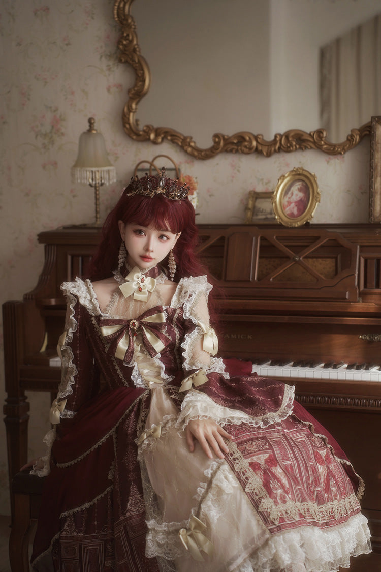 Red Baroque Palace Print Lace Classic Princess Lolita Dress - Product - 6
