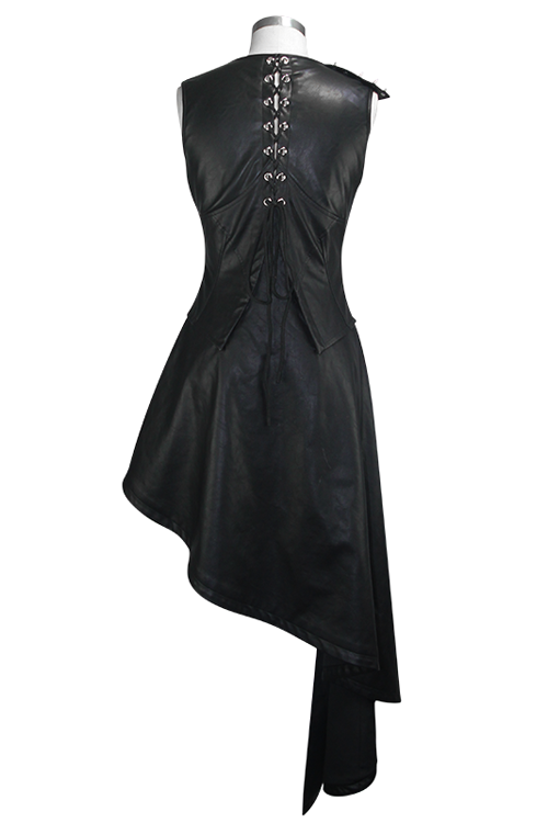 Black Zipper Up Asymmetric Sleeveless Womens Punk Rock Mid Length Leather Dress - Product - 7