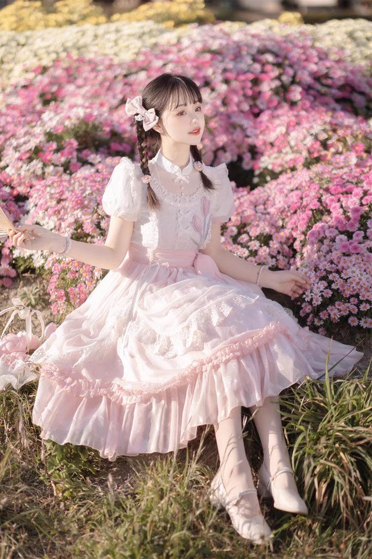 Pink Round Collar Short Sleeves Lace Ruffle Bowknot Sweet Princess Lolita Dress - Product - 10