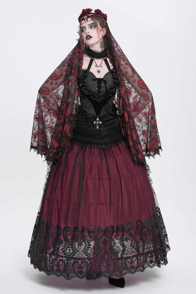 Red Stitching Floral Mesh Women's Gothic Skirt - Product - 12