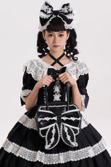 Sweet Bowknot Lace Zipper Japanese Lolita Handbag 3 Colors - Black - 12