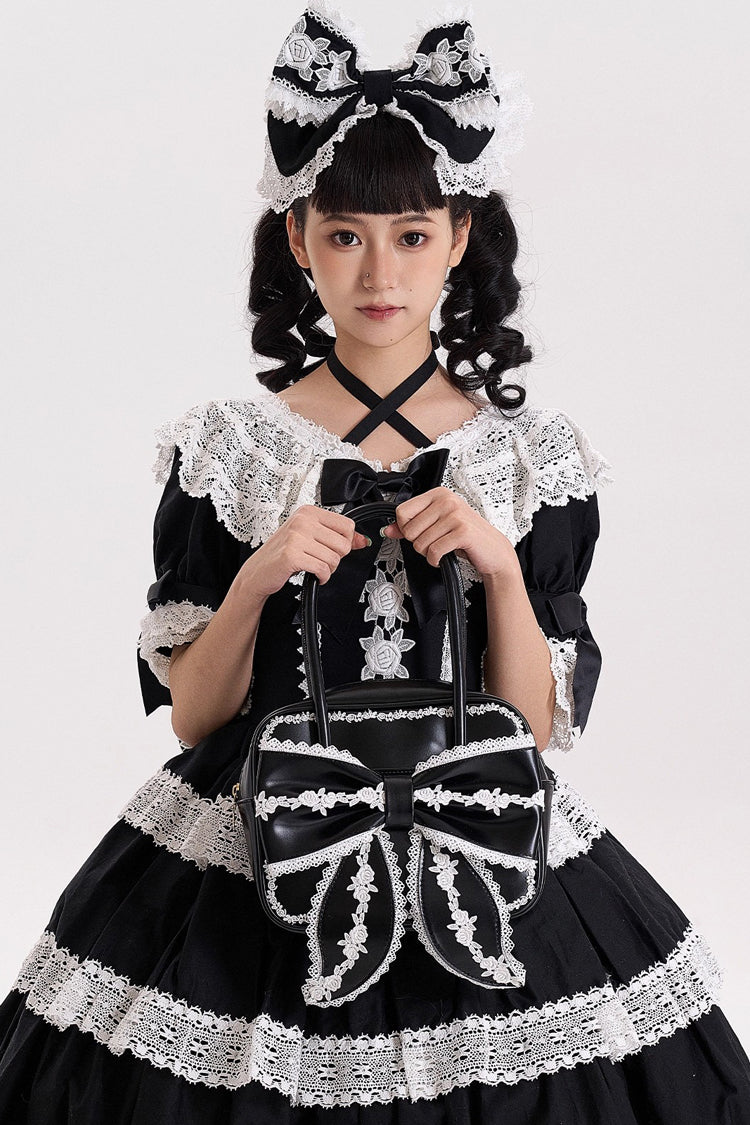 Sweet Bowknot Lace Zipper Japanese Lolita Handbag 3 Colors - Black - 12