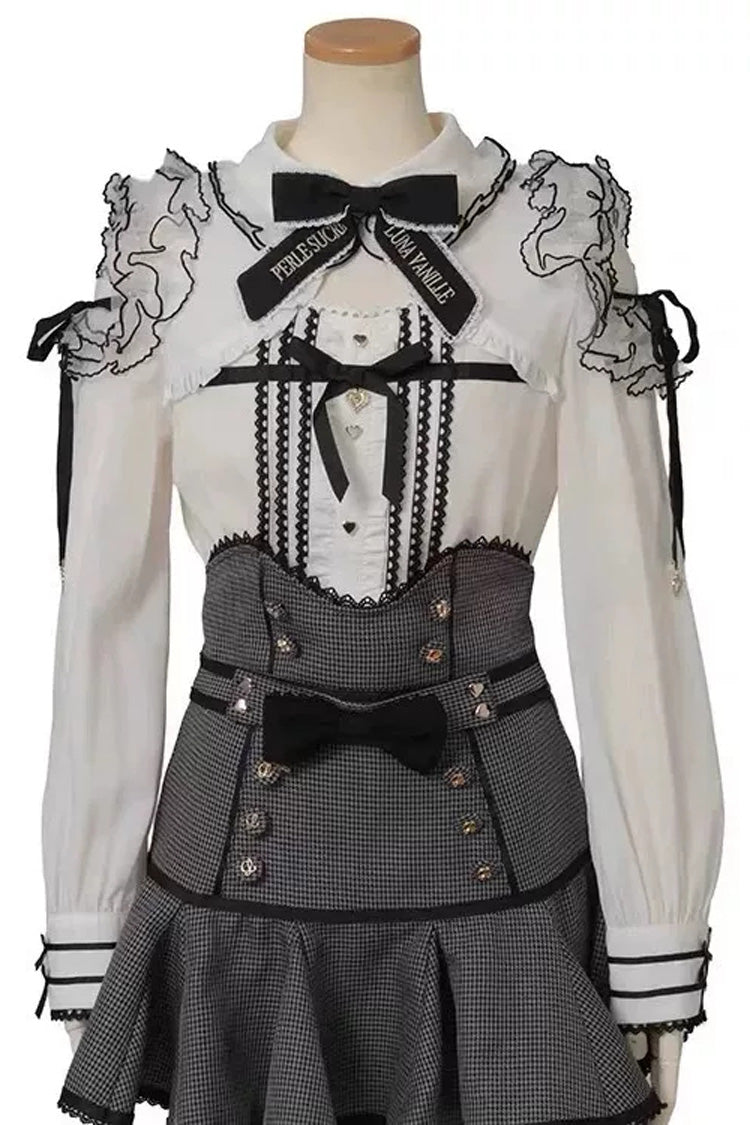 Sweet Lapel Collar Off Shoulder Long Sleeves High Waisted Printed Bow Lolita Skirt Blouse Set - Black/White-Plaid-Print(Set) - 2