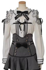 Sweet Lapel Collar Off Shoulder Long Sleeves High Waisted Printed Bow Lolita Skirt Blouse Set - Black/White-Plaid-Print(Set) - 2