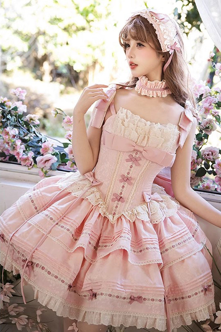 Pink [Rose Theatre] Double-Layered Ruffle Bowknot Lace Sweet Princess Ballet Lolita Jsk Dress - Pink - 1