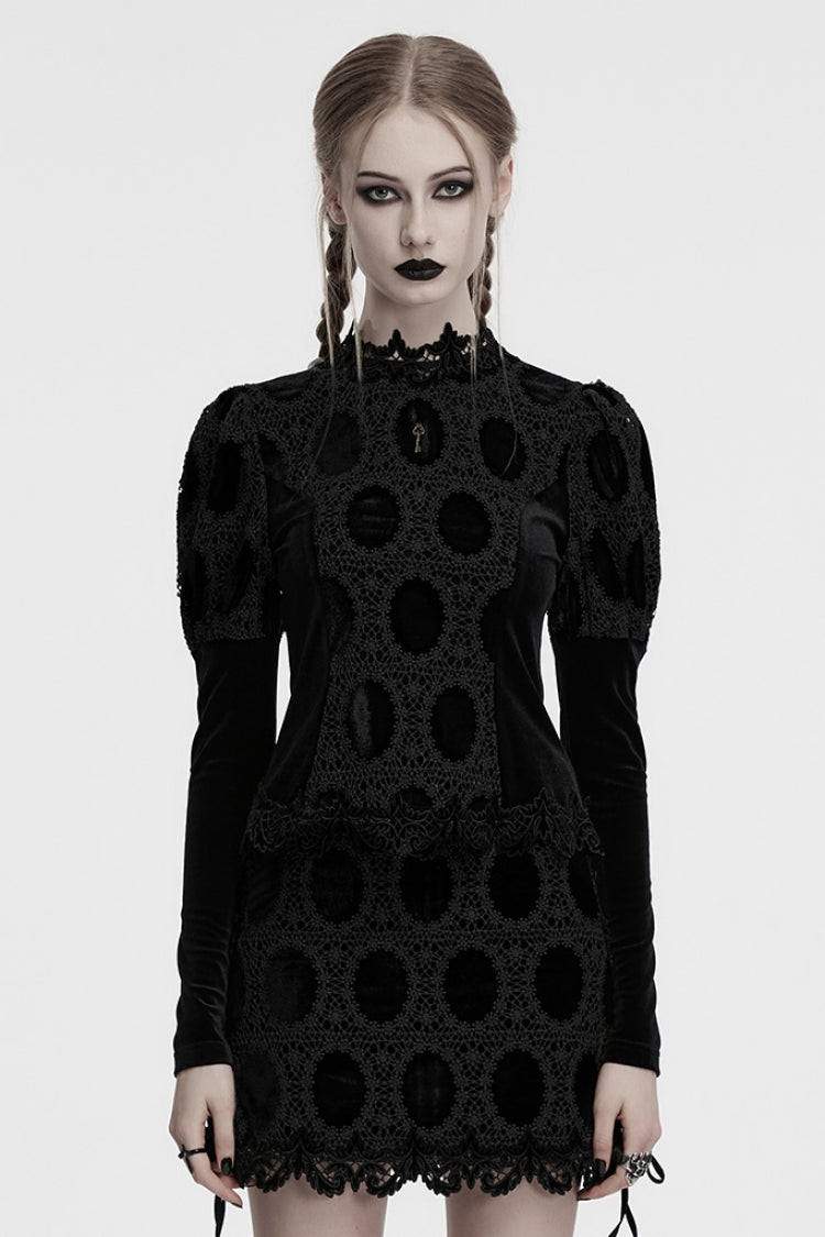 Black Long Puff Sleeves Print Embroidery Women's Gothic Blouse - Black - 1