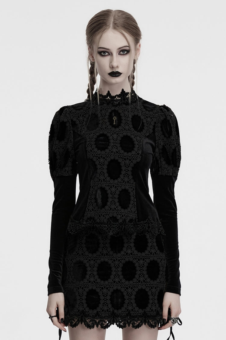 Black Long Puff Sleeves Print Embroidery Women's Gothic Blouse - Black - 1