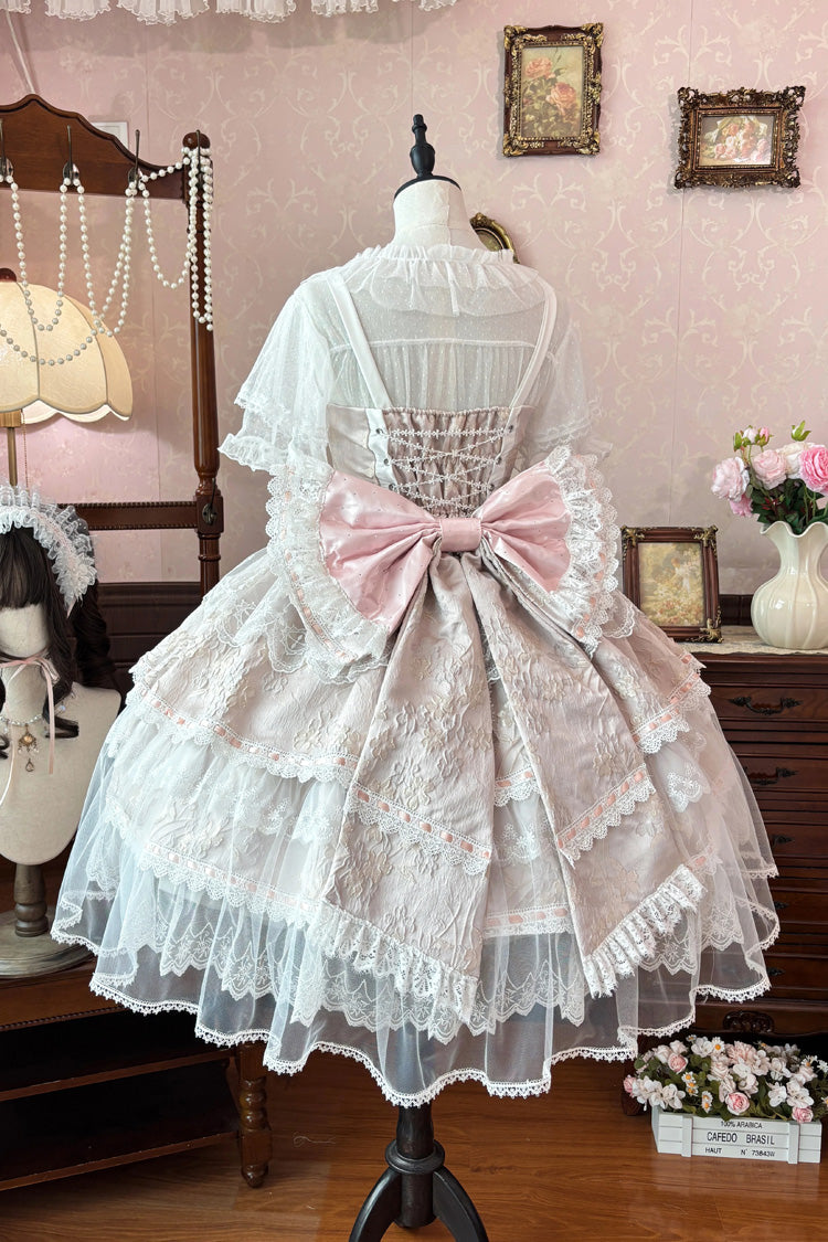 Pink [Moonlight Woven Flower Box] Square Collar Multi-Layered Ruffled Hanayome Embroidered Bow Lace Sweet Plus Size Lolita Jsk Dress Set - Product - 2
