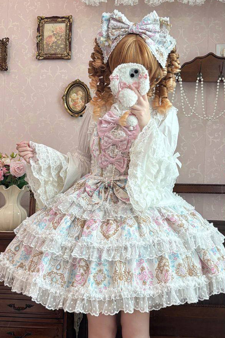 Apricot [Candelabrum Elegy] Sleeveless Triple-Layered Flower Wall Printed Ruffled Bow Lace Sweet Lolita Jsk Dress - Product - 2
