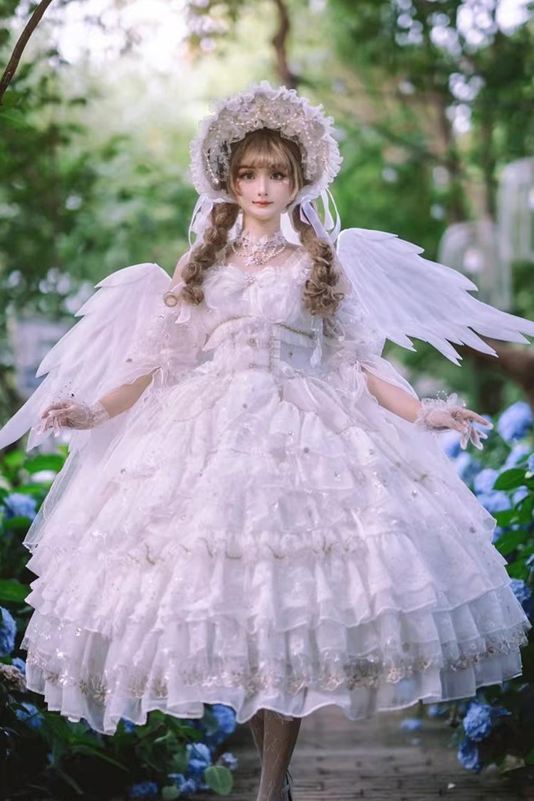 White [Dreamy Waltz] Sleeveless Multi-Layered Ruffled Hanayome Bow Lace Gothic Gorgeous Lolita Jsk Dress - White - 1