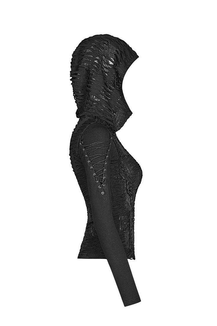 Black Broken Holes Arm DrawString Long Sleeve Hooded Knit Tight  Women's Gothic T-Shirt - Product - 4
