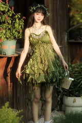 Green [Children of the Forest] Leaf Decoration Ruffle Irregular Sweet Lolita Jsk Dress Set - Product - 2