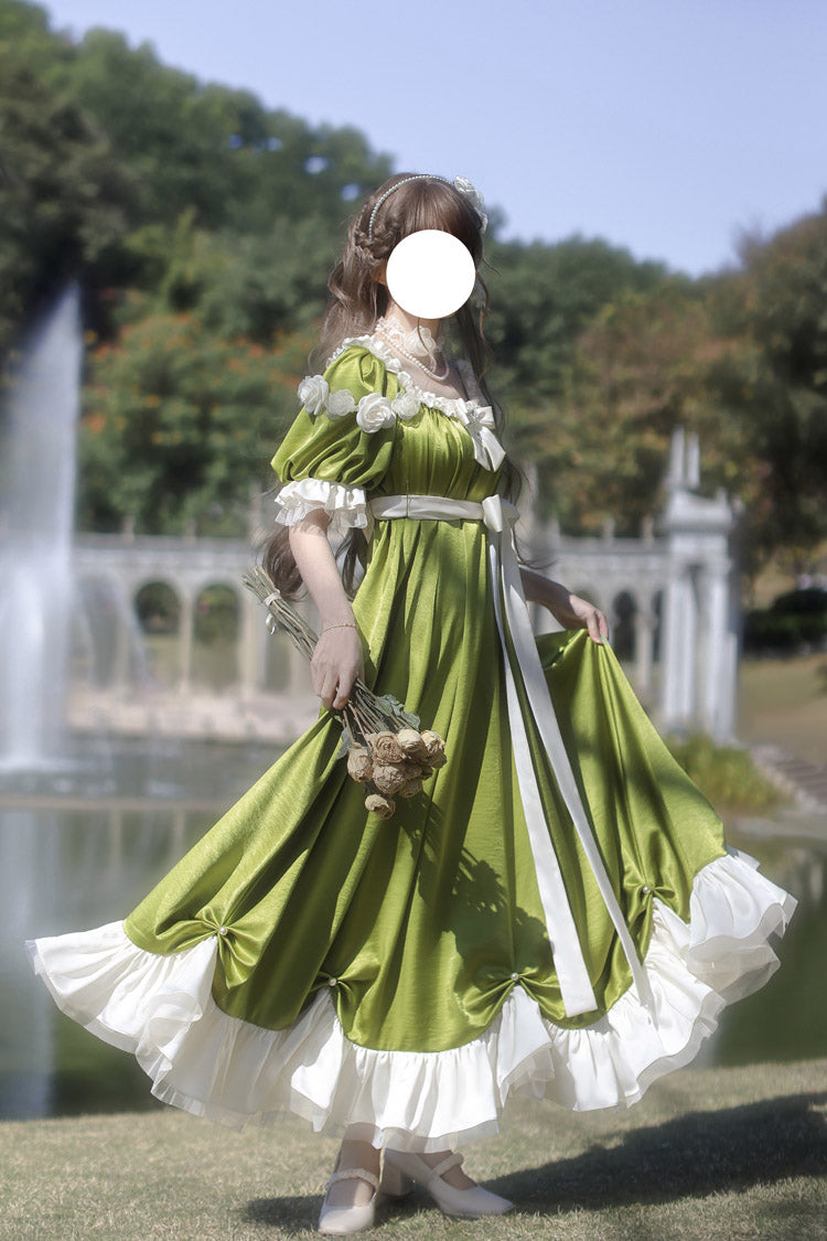 Green Square Collar Short Sleeves Ruffle Bowknot Sweet Regency-Style Vintage (Dress Only) detail view 11