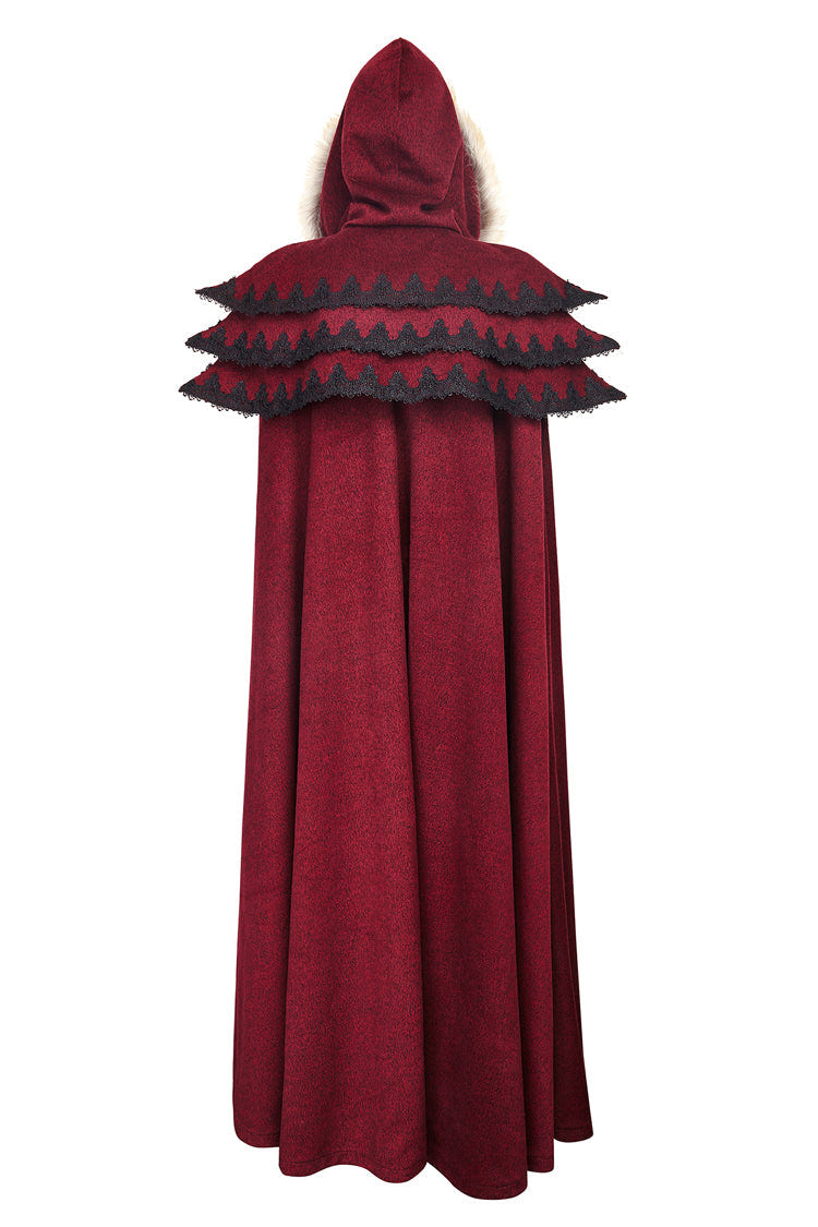 Red Hooded Fur Collar Wool Long Womens Gothic Coat Cloak - Product - 9