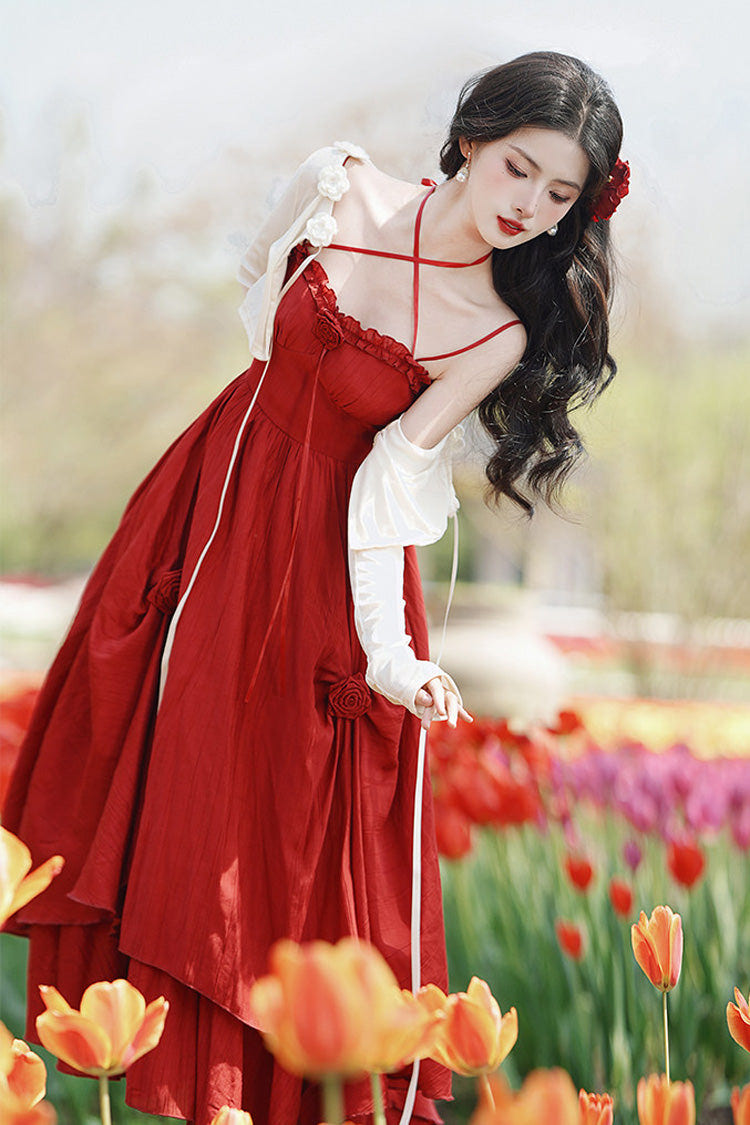 Red Sleeveless Double-Layered Ruffled Rose Classic Lolita Jsk Dress - Product - 6