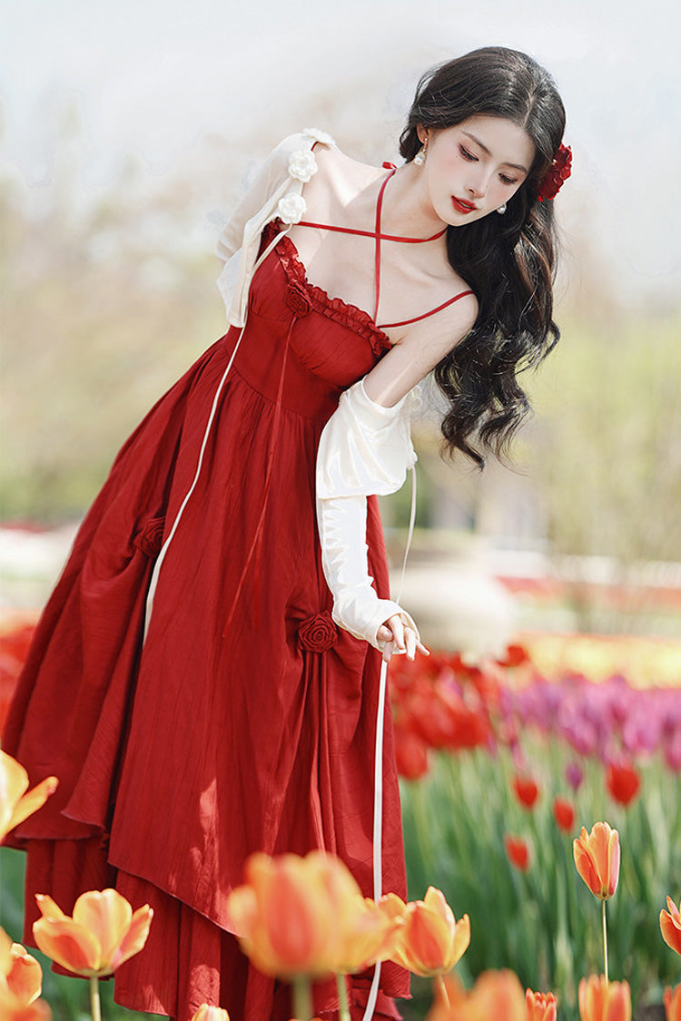 Red Sleeveless Double-Layered Ruffled Rose Classic Lolita Jsk Dress - Product - 6