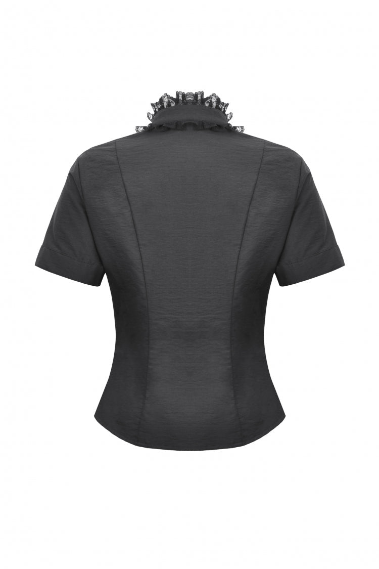 Black Stand Collar Short Sleeves Spider-Shaped Zippered Cut-Out Irregular Women's Punk Blouse - Product - 16