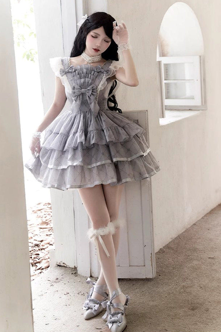Grey Sleepless Dreams Multi-layer Print Ruffle Bowknot Sweet Elegant Lolita Jsk Dress - Grey - 1