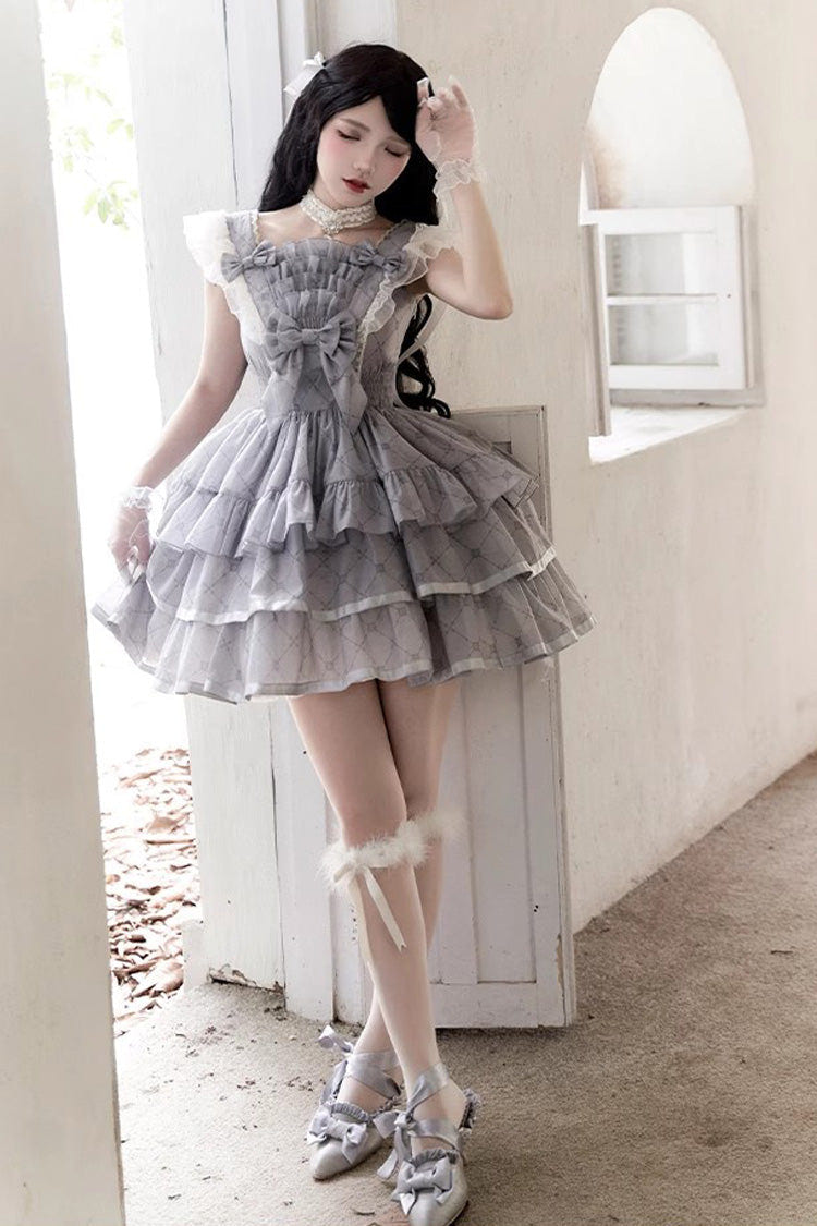 Grey Sleepless Dreams Multi-layer Print Ruffle Bowknot Sweet Elegant Lolita Jsk Dress - Grey - 1
