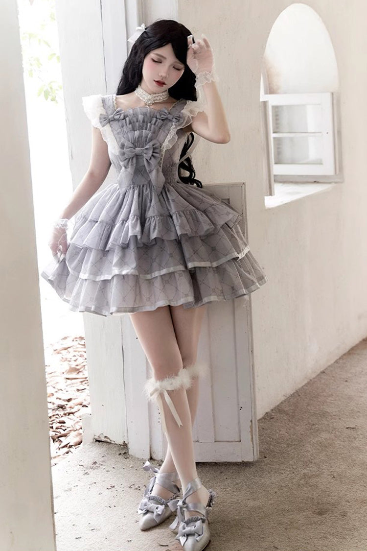 Grey Sleepless Dreams Multi-layer Print Ruffle Bowknot Sweet Elegant Lolita Jsk Dress - Grey - 1