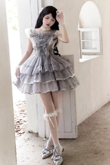 Grey Sleepless Dreams Multi-layer Print Ruffle Bowknot Sweet Elegant Lolita Jsk Dress - Grey - 1