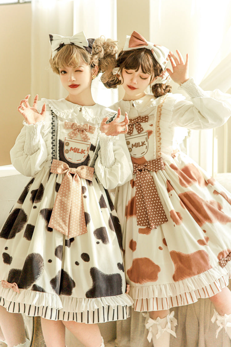 Milk Cow Print Ruffle Bowknot Sweet Lolita Jsk Dress 5 Colors - Product - 9