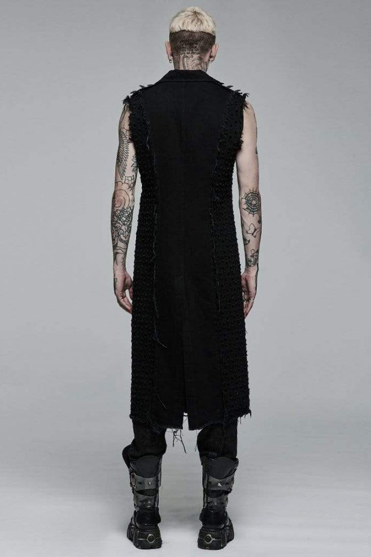 Black V Collar Sleeveless Ripped Mens Steampunk Long Vest - Product - 4